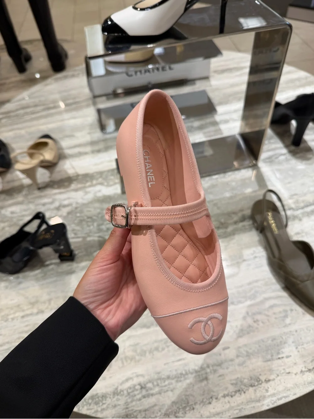 CHANEL Baby Pink Leather Mary Jane Ballet Flat with CC Logo NIB AUTHENTIC